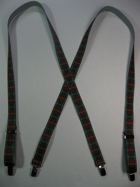1" wide X Style BURGANDY PLAID PATTERN.  Choose Your Size.      Suspenders with 4 strong CHROME or GOLD 1/2"x 1" Clips with nylon Teeth and 2 CHROME or GOLD Length Adjusters in the front.  Entirely Stretchable Hand Washable and Hang to Dry Cotton/Polyester Material.        X- UC260-PBUR